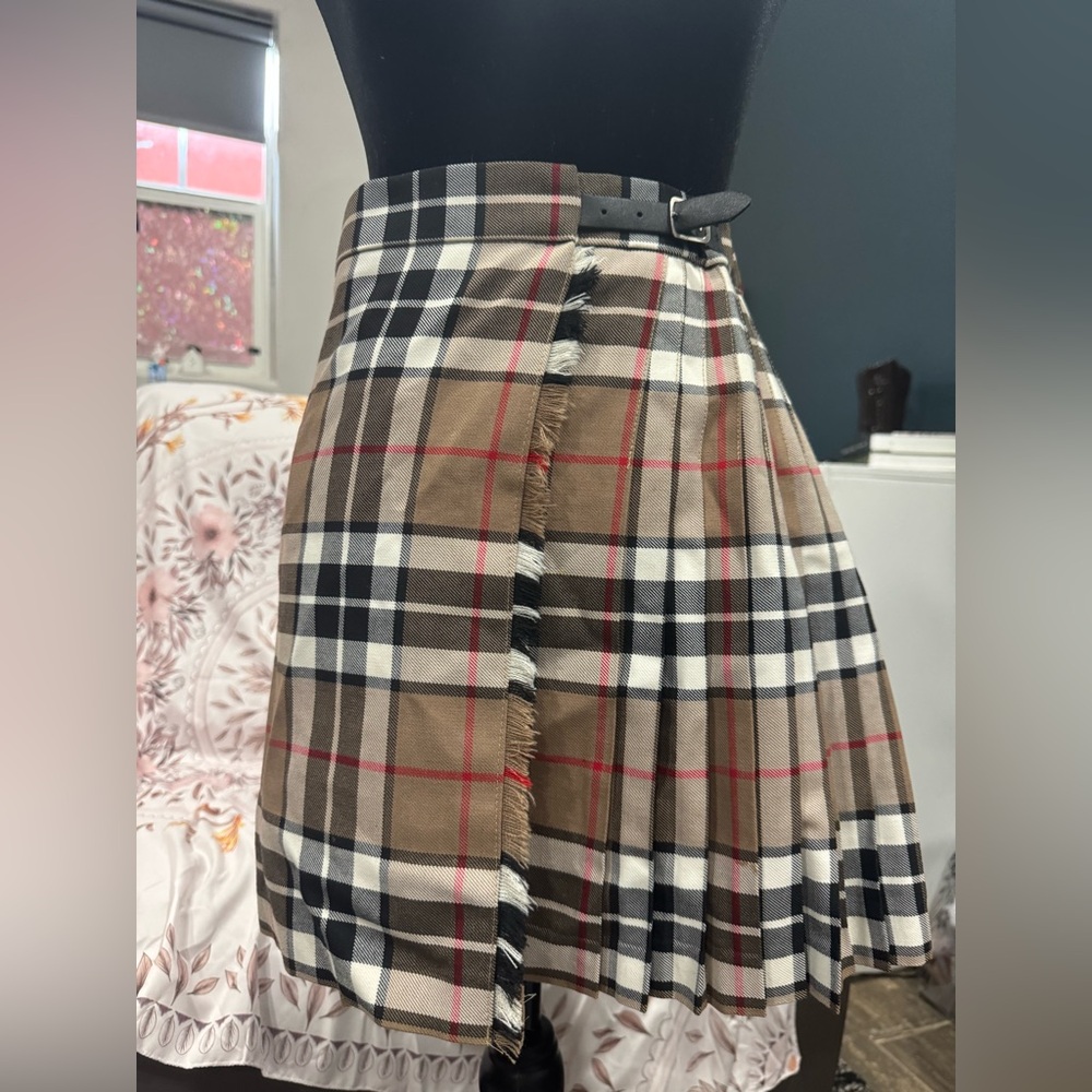 Girls' Plaid Pleated Wrap Skirt in Tan, Black & Cream